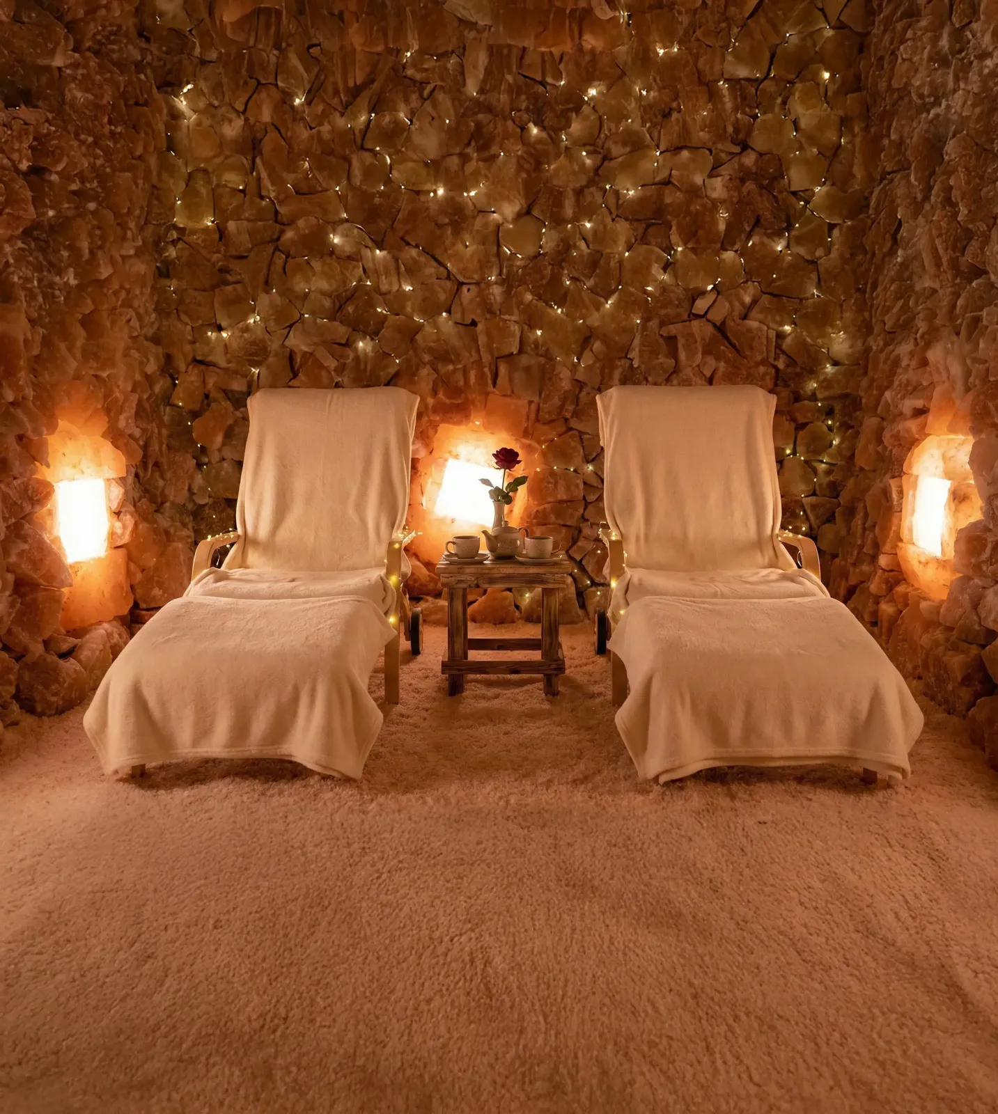 Couples loungers in the warm salt room